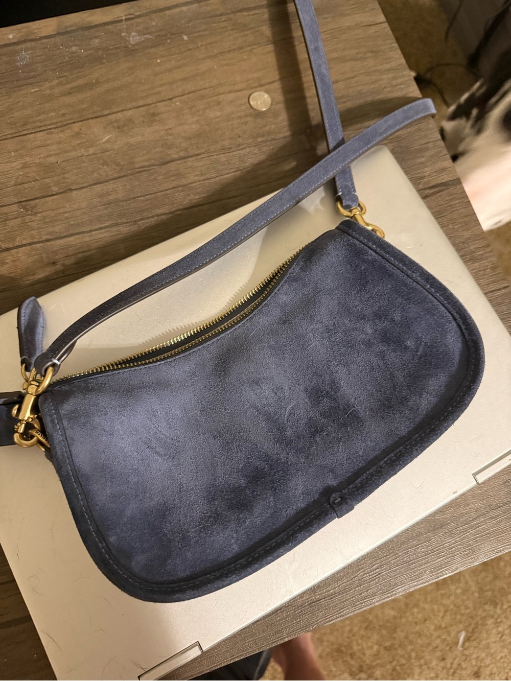 Coach Navy Suede Wristlet with Gold Hardware - Picture 2 of 3